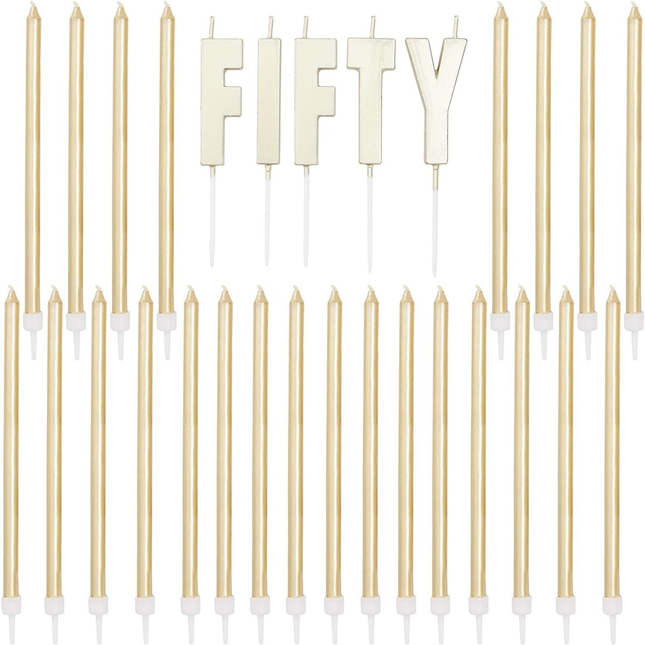 Cincuenta velas con letras y 24 velas finas, color dorado, con soportes